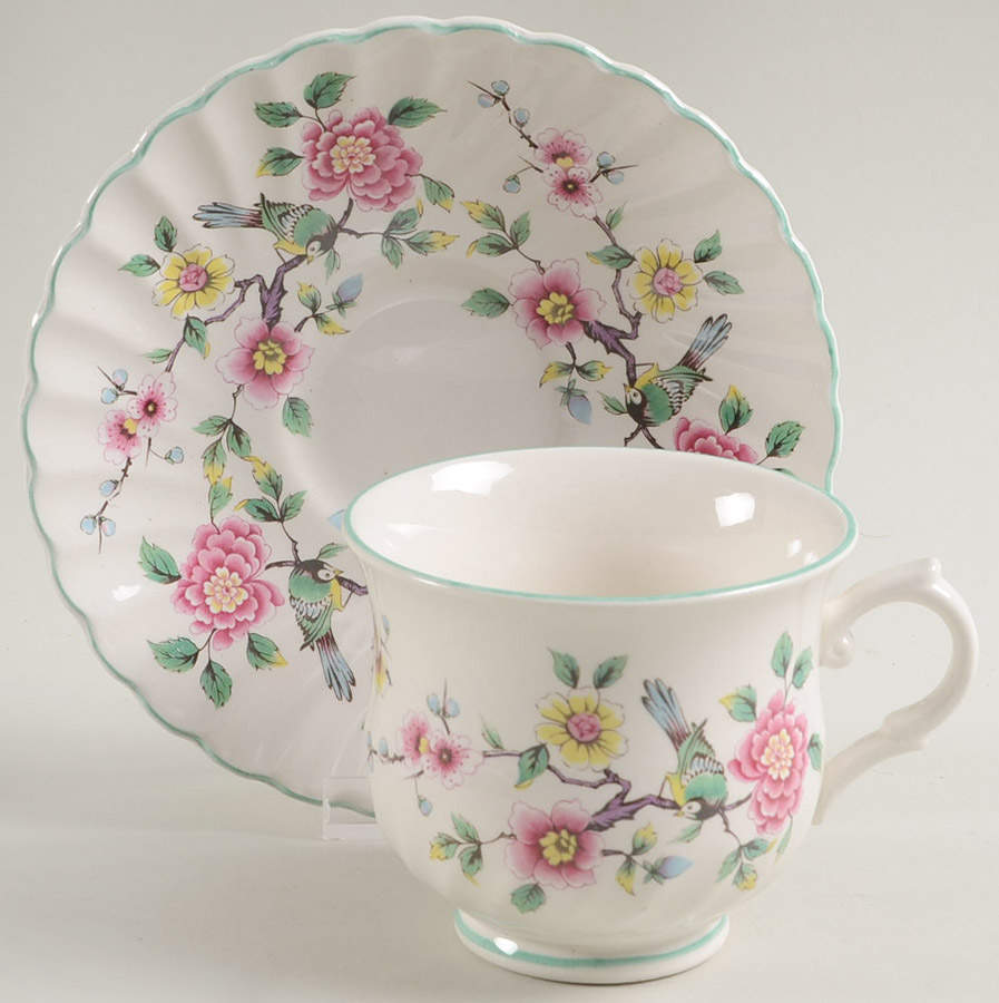 Chinese Rose Footed Cup & Saucer Set by James Kent (England)-1