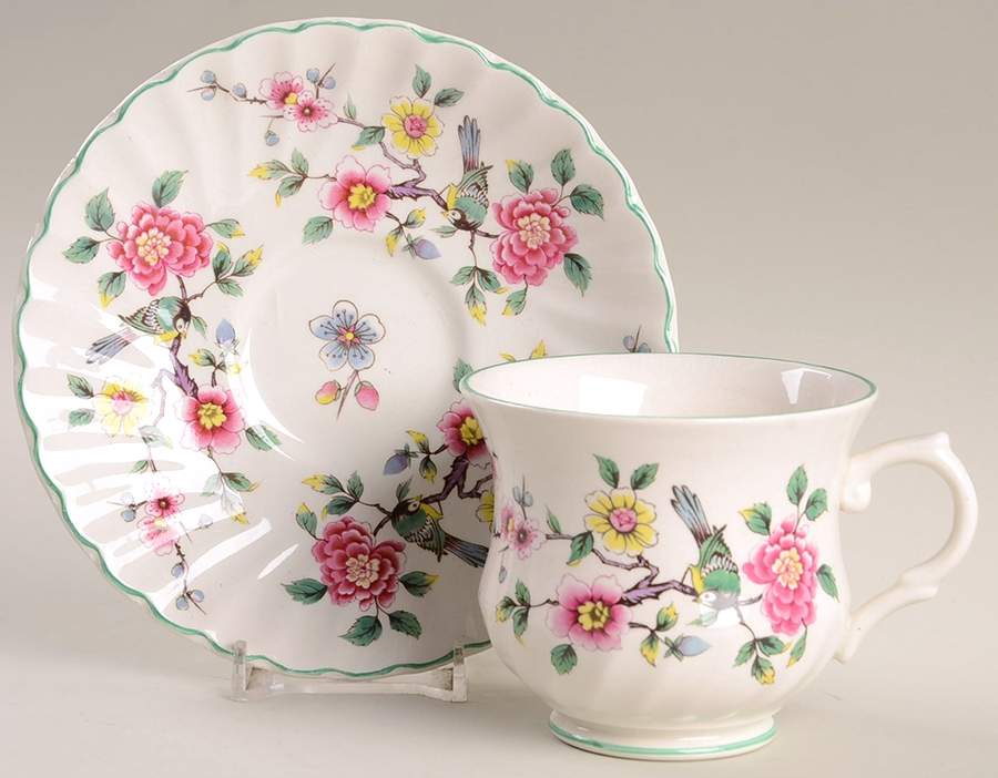 Chinese Rose Footed Cup & Saucer Set by James Kent (England)-1