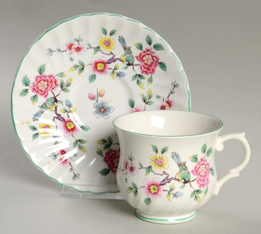 Chinese Rose Footed Cup & Saucer Set by James Kent (England)-1