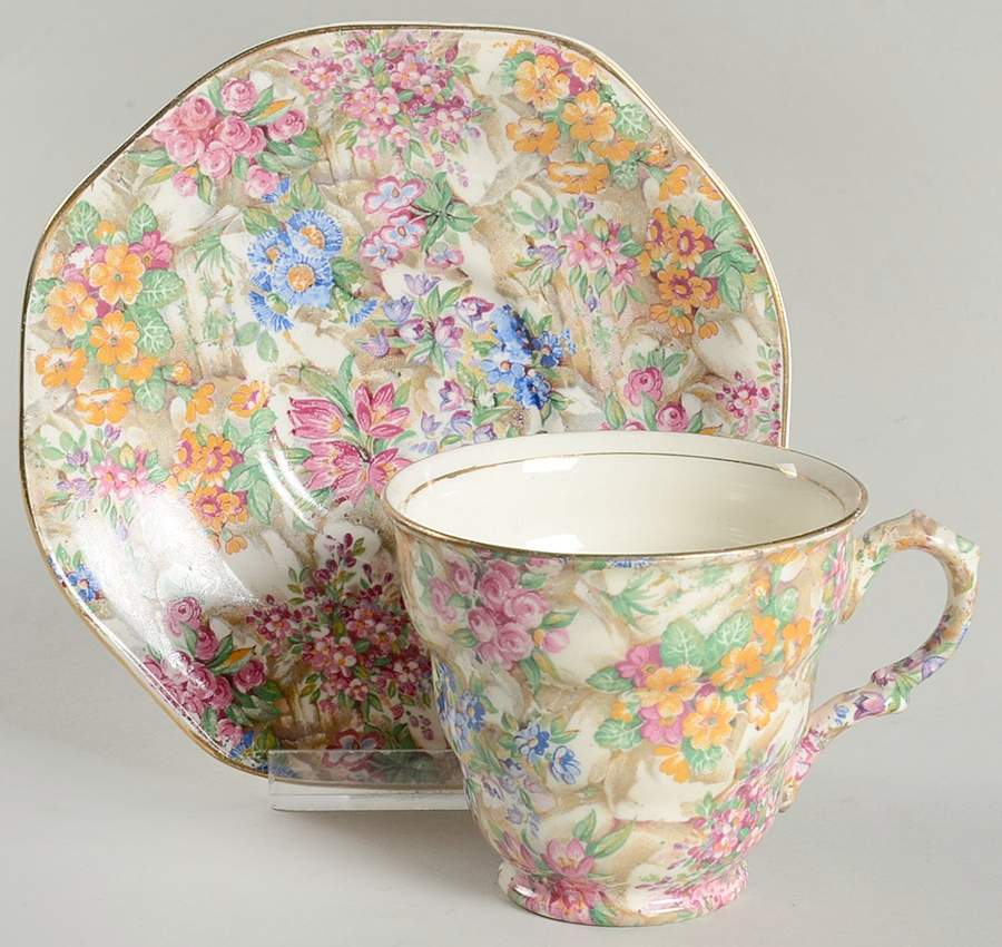 Crazy Paving Footed Cup & Saucer Set by James Kent (England)-1