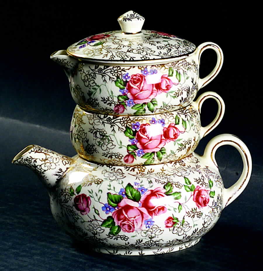 Rambler Rose Mini Teapot Stacking Set (Creamer, Sugar) by James Kent (England)-1