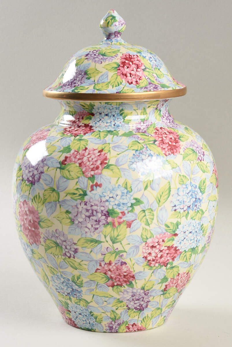 Hydrangea (New, Granville, Cream Background) Large Temple Jar & Lid by James Kent (England)-1