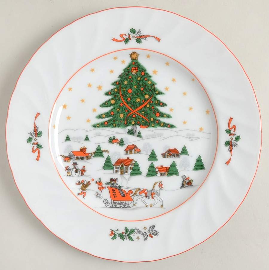 Christmas Pleasure (Scalloped, Red Trim) Dinner Plate by Kopin-1