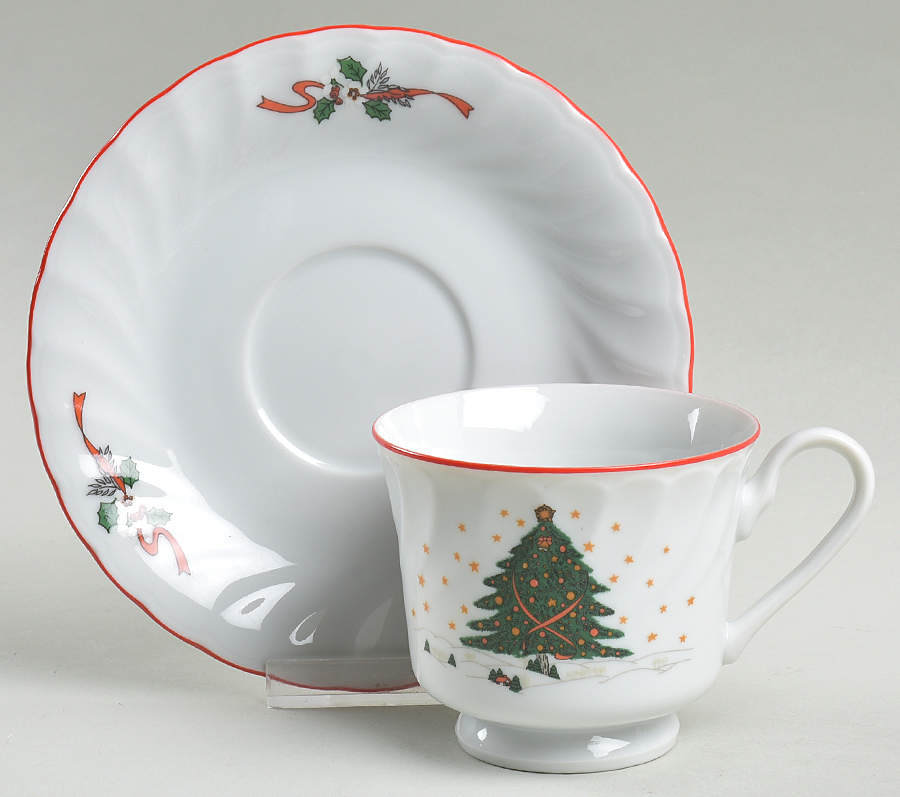 Christmas Pleasure (Scalloped, Red Trim) Footed Cup & Saucer Set by Kopin-1