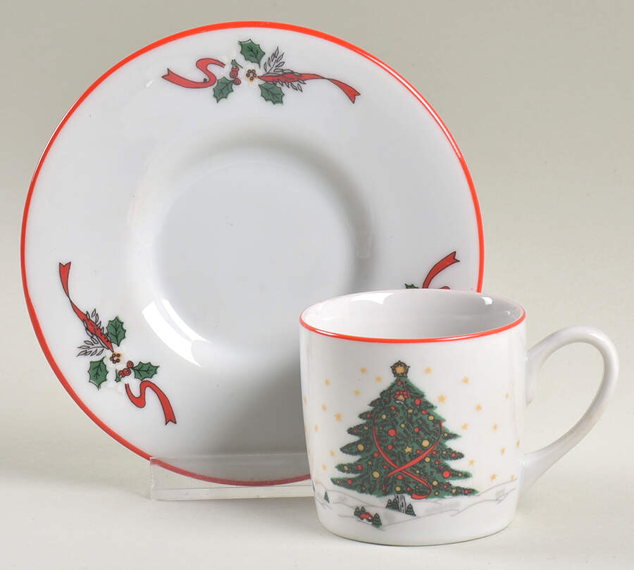 Christmas Pleasure (Scalloped, Red Trim) Demitasse Cup & Saucer Set by Kopin-1