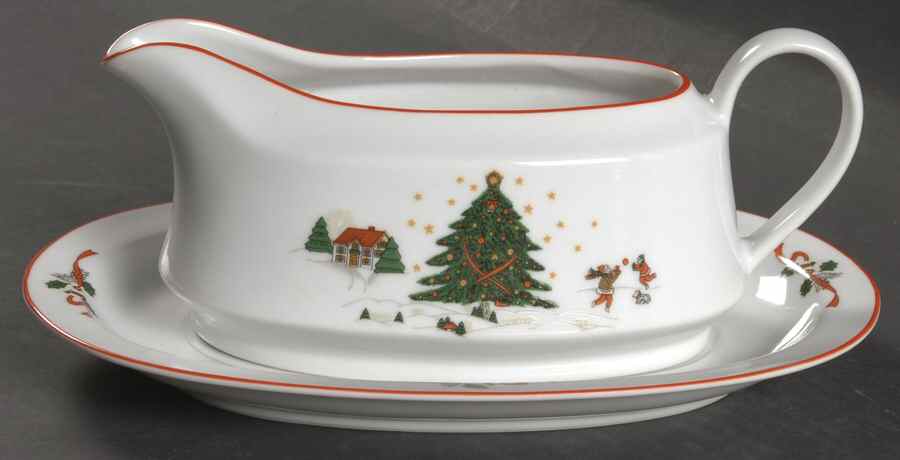 Christmas Pleasure (Scalloped, Red Trim) Gravy Boat & Underplate by Kopin-1
