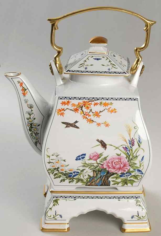 Birds & Flowers of the Orient Tea Pot & Lid with Top Handle & Ceramic Stand by Franklin Mint-1