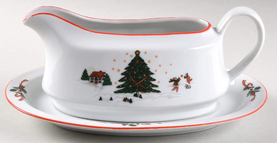 Christmas Pleasure (Smooth, Orange Trim) Gravy Boat & Underplate/Relish by Kopin-1