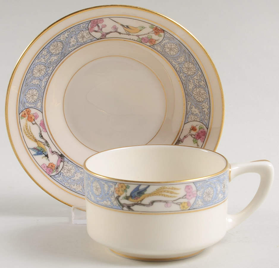 Ming-Birds (Older, Cream, Black Green Stamp) Flat Cup & Saucer Set by Lenox-1