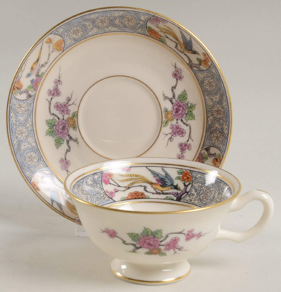 Ming-Birds (Older, Cream, Black Green Stamp) Footed Cup & Saucer Set by Lenox-1