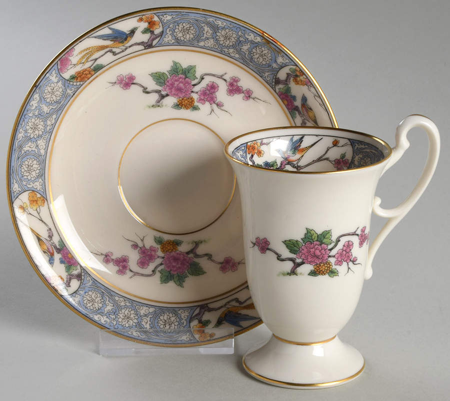 Ming-Birds (Older, Cream, Black Green Stamp) Chocolate Cup & Saucer Set by Lenox-1