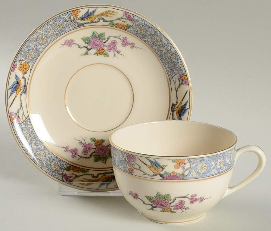 Ming-Birds (Older, Cream, Black Green Stamp) Oversized Cup & Saucer Set by Lenox-1