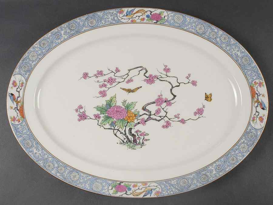 Ming-Birds (Older, Cream, Black Green Stamp) 17" Oval Serving Platter by Lenox-1