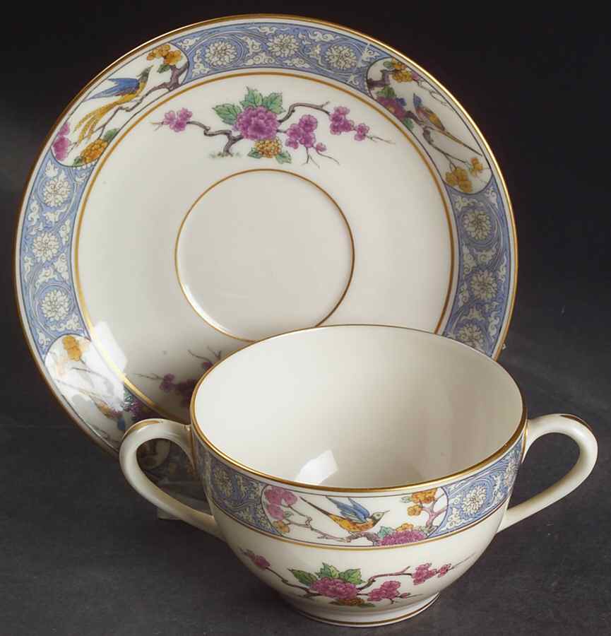 Ming-Birds (Older, Cream, Black Green Stamp) Flat Bouillon Cup & Saucer by Lenox-1