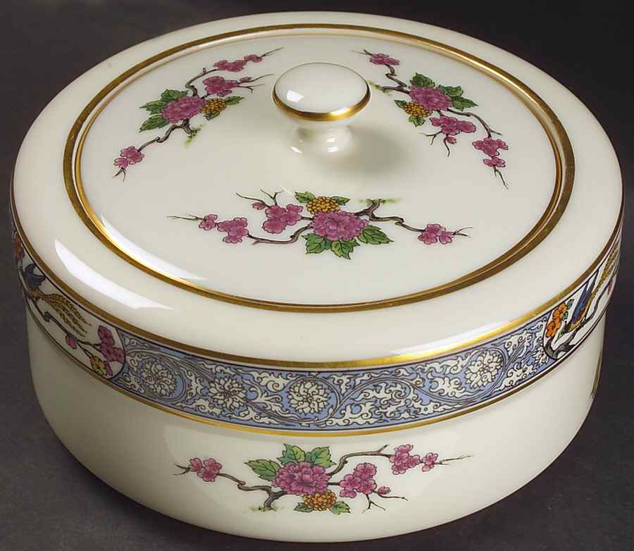 Ming-Birds (Older, Cream, Black Green Stamp) 4" Round Bon Bon & Lid by Lenox-1