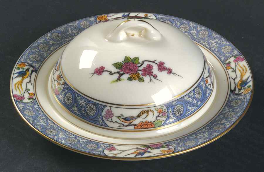 Ming-Birds (Older, Cream, Black Green Stamp) Round Covered Butter by Lenox-1