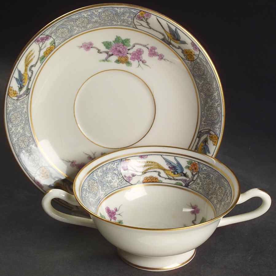 Ming-Birds (Older, Cream, Black Green Stamp) Footed Bouillon Cup & Saucer by Lenox-1