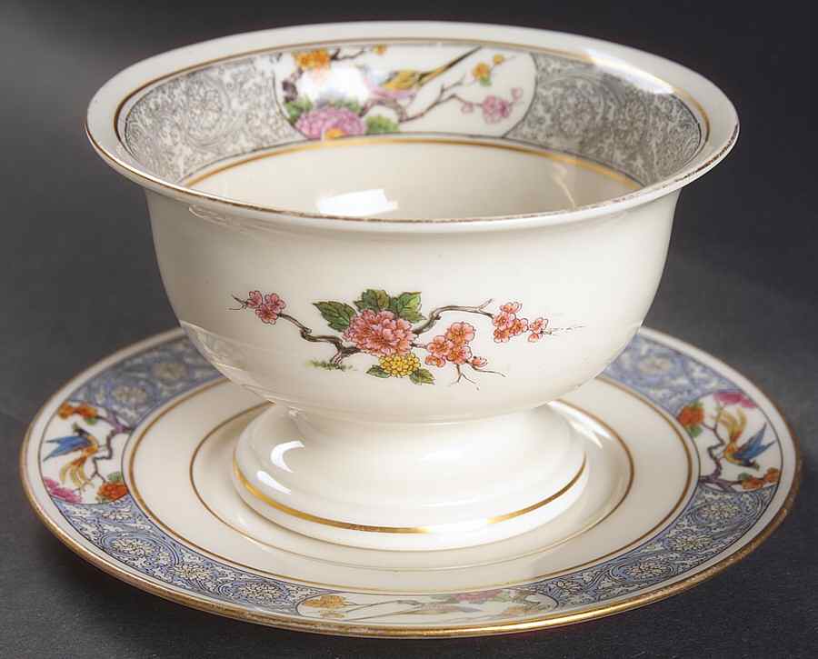 Ming-Birds (Older, Cream, Black Green Stamp) Mayonnaise Bowl & Underplate by Lenox-1