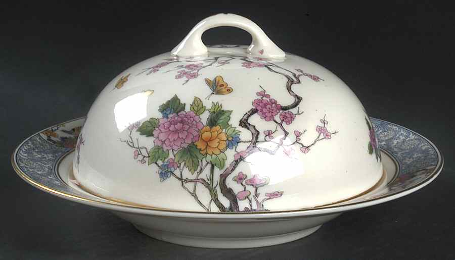 Ming-Birds (Older, Cream, Black Green Stamp) Muffin Dish & Lid by Lenox-1