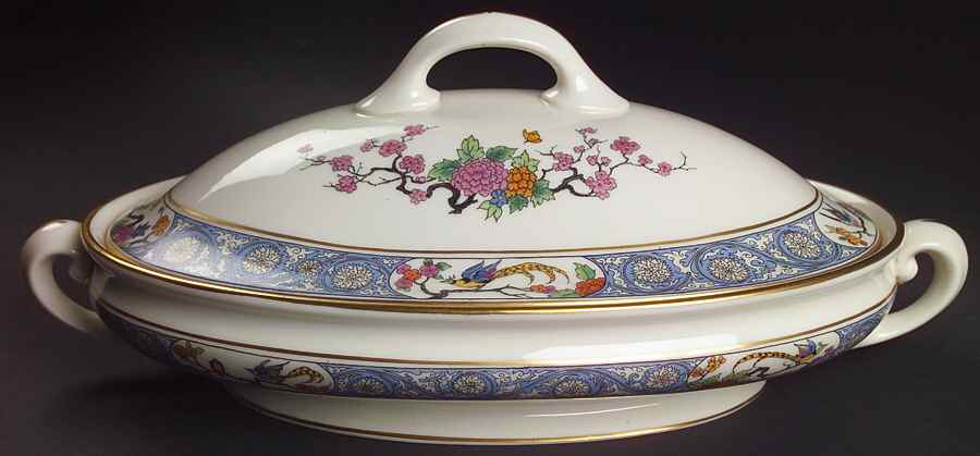 Ming-Birds (Older, Cream, Black Green Stamp) Oval Covered Vegetable by Lenox-1
