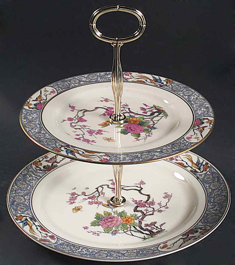 Ming-Birds (Older, Cream, Black Green Stamp) 6 5/8"-10"  2 Tiered Serving Tray (Dp, Sp) HC by Lenox-1
