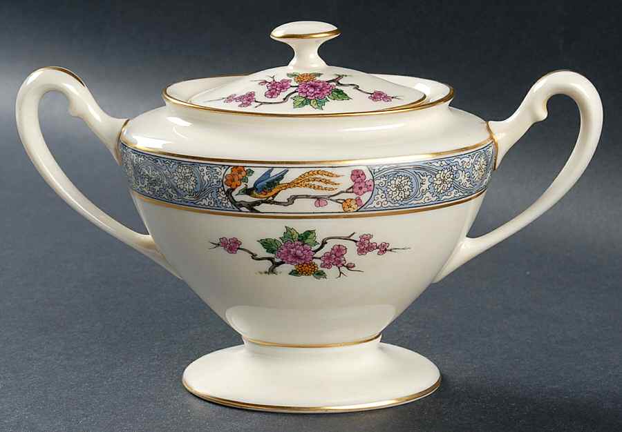 Ming-Birds (Older, Cream, Black Green Stamp) Shape 743 Sugar Bowl & Lid by Lenox-1