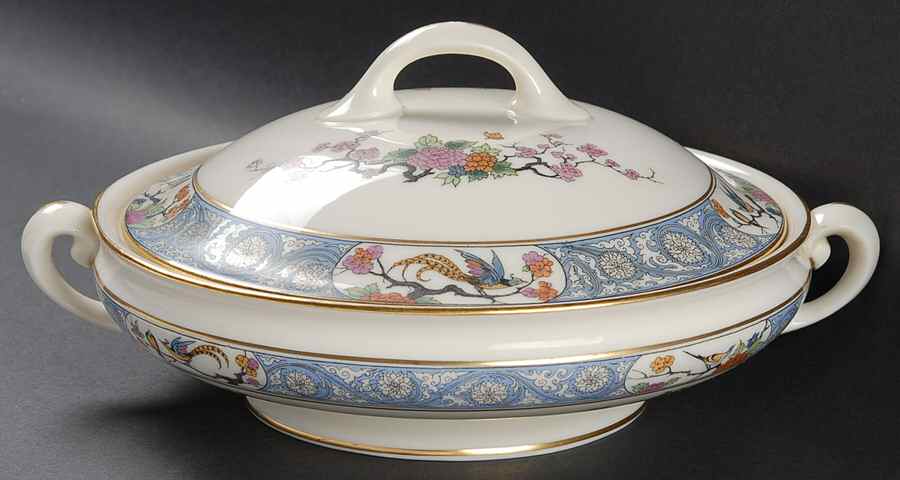 Ming-Birds (Older, Cream, Black Green Stamp) Round Covered Vegetable by Lenox-1