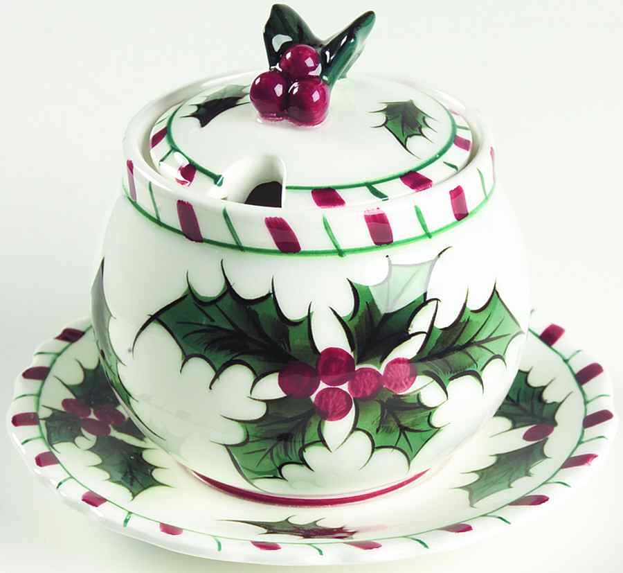 Holly Candy Cane Jam/Jelly & Lid w/Attached Underplate by Lefton-1