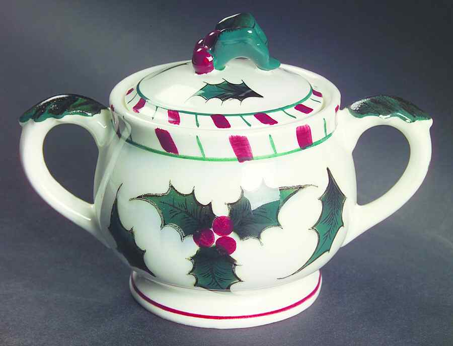 Holly Candy Cane Sugar Bowl & Lid by Lefton-1