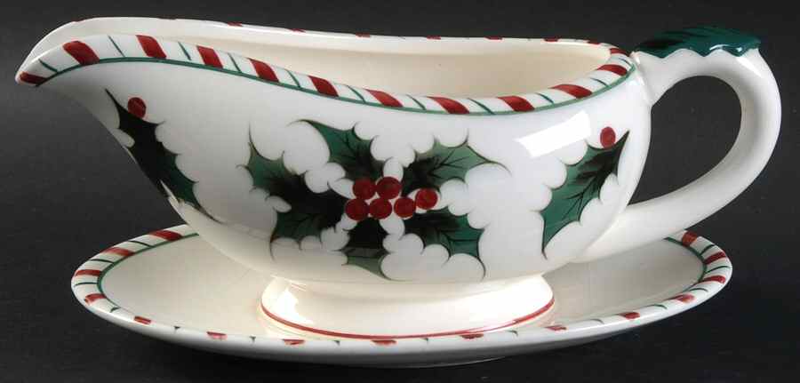 Holly Candy Cane Gravy Boat with Attached Underplate by Lefton-1