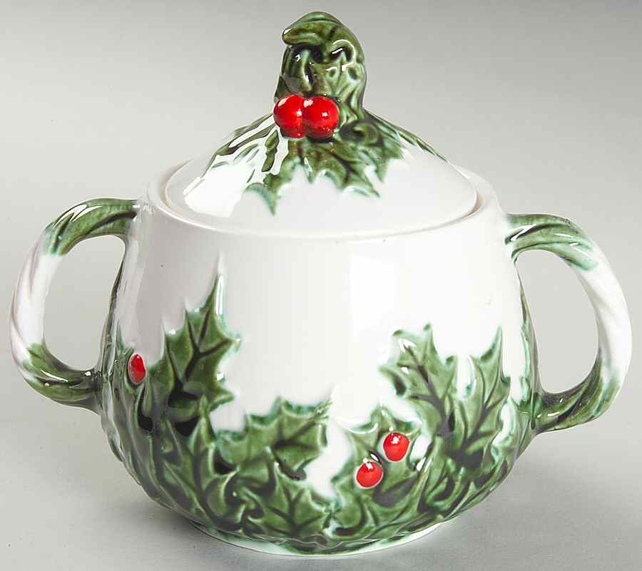 White Holly Sugar Bowl & Lid by Lefton-1