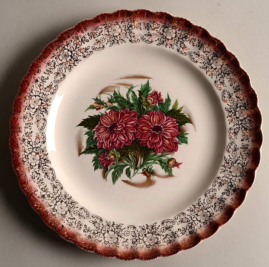 Dahlia Mandarin Maroon Dinner Plate by Limoges-American-1