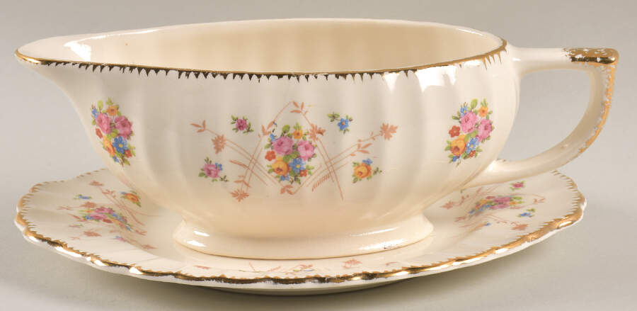New Princess (Scalloped, Gold Trim) Gravy Boat & Underplate by Limoges-American-1