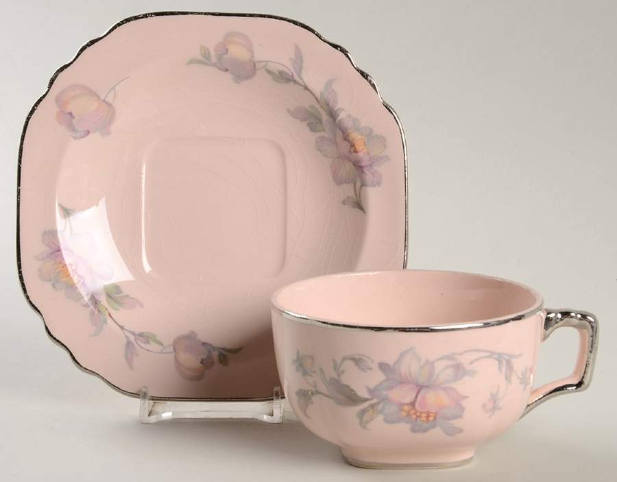 Silver Moon Pink Background Flat Cup & Saucer Set by Limoges-American-1