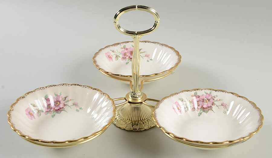Wild Rose (Gold Trim) 7" x 12" 3-Part Relish & Metal Stand (FR) HC by Limoges-American-1
