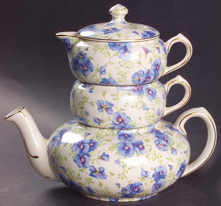 Pansy Mini Tea Pot, Creamer, Sugar Stacking Set by Lord Nelson-1