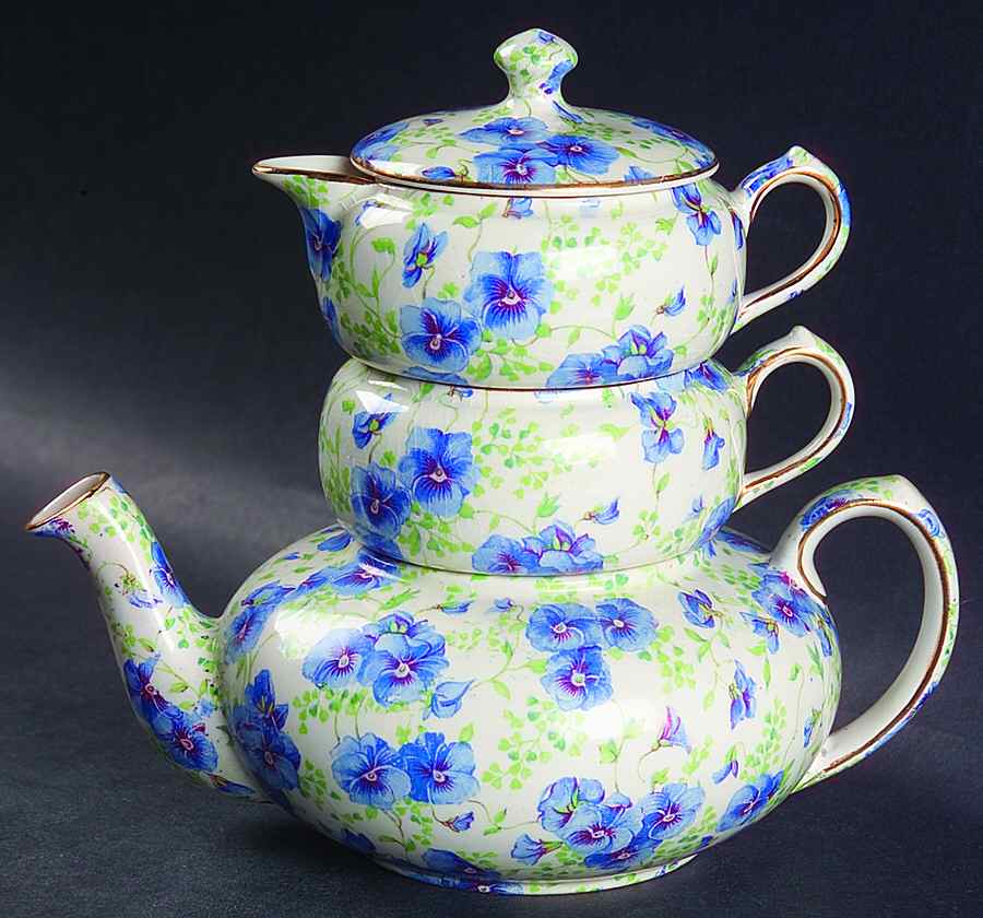 Pansy Mini Teapot, Creamer,Sugar Stacking Set by Lord Nelson-1