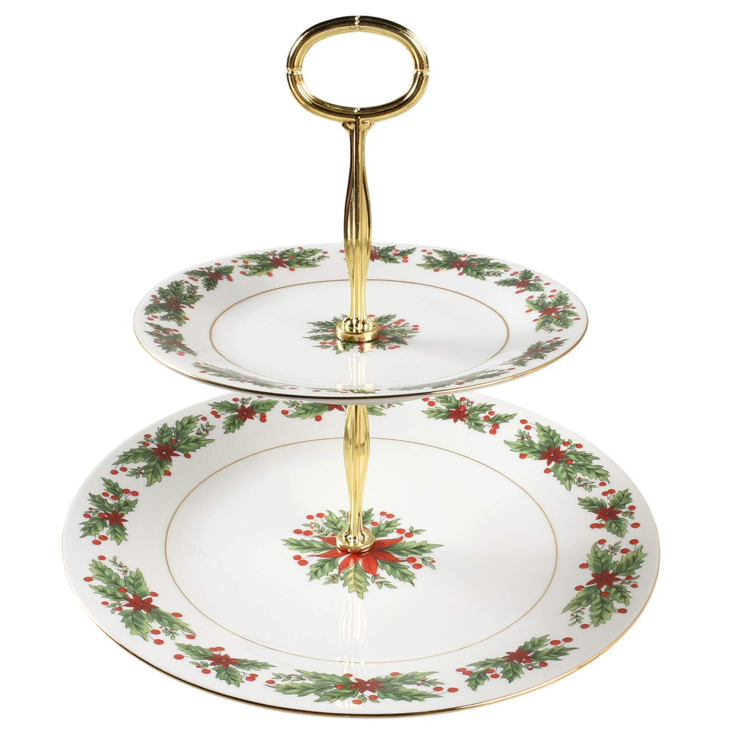 Holly Wreath 6 5/8"-10"  2 Tiered Serving Tray (Dp, Sp) HC by Lynn's China-1