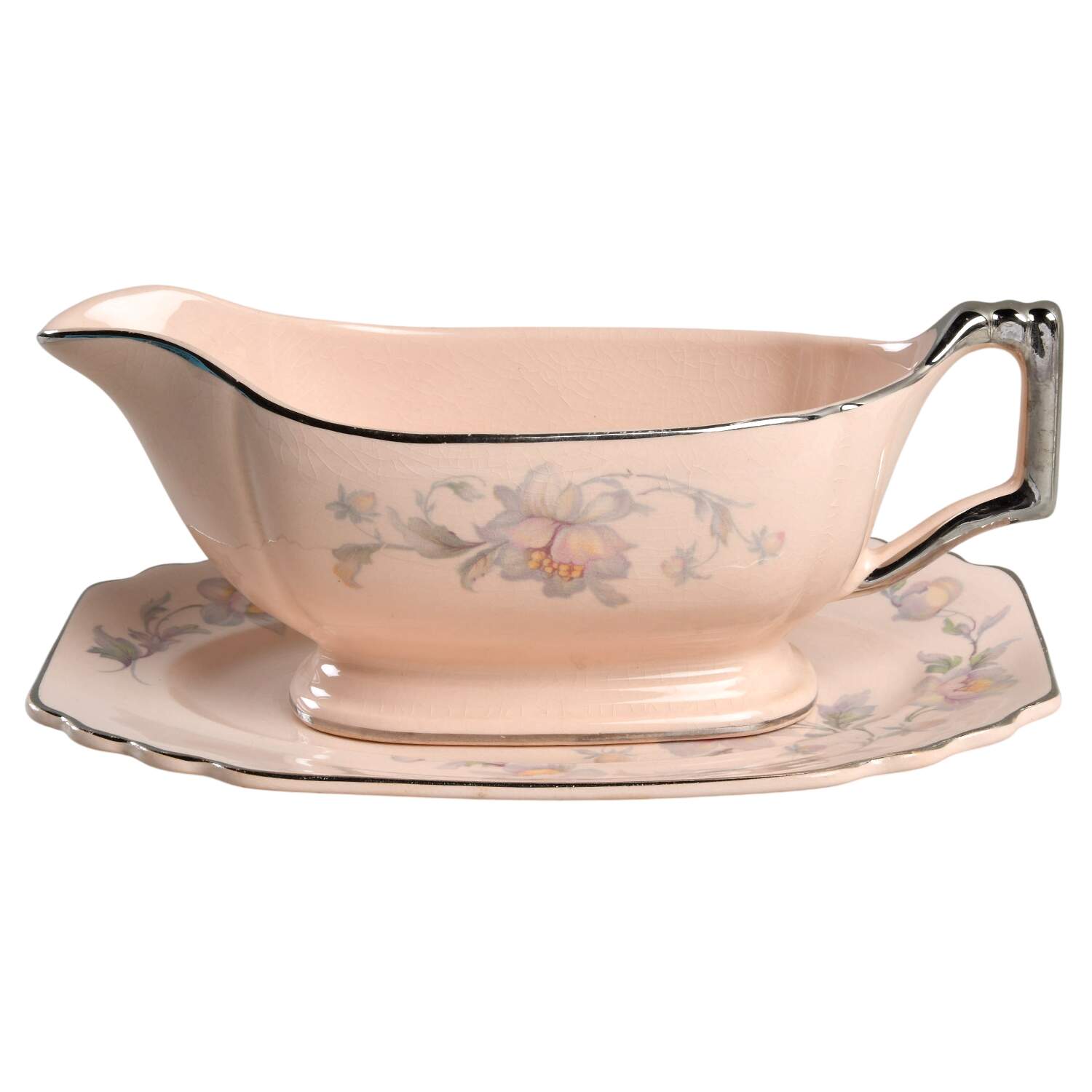 Silver Moon Peach Gravy Boat & Underplate by Limoges-American-1