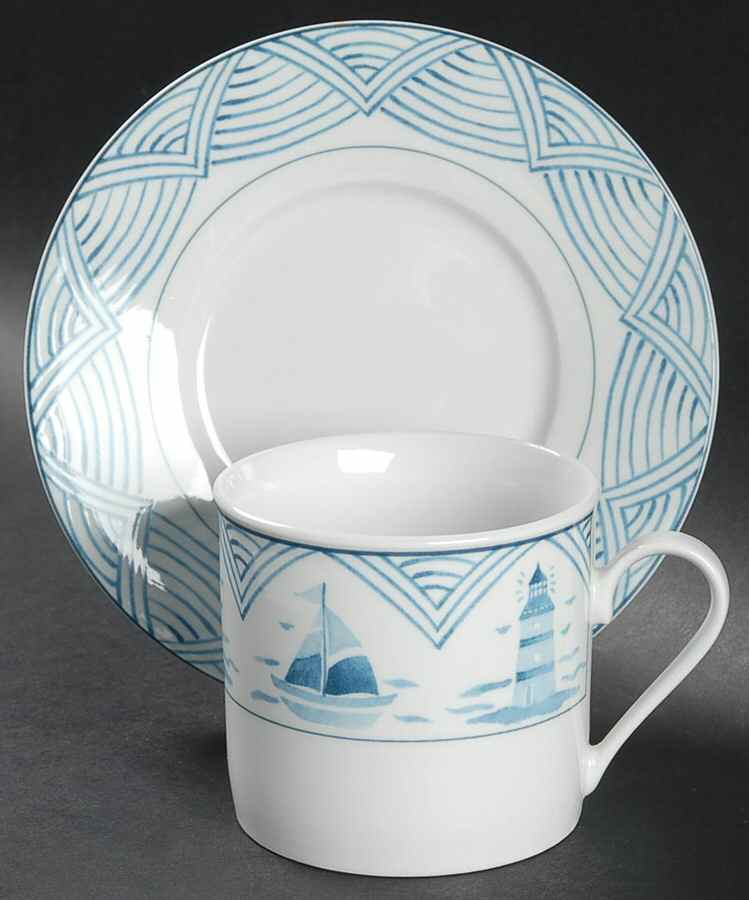 Blue Lighthouse Flat Cup & Saucer Set by Lynn's China-1