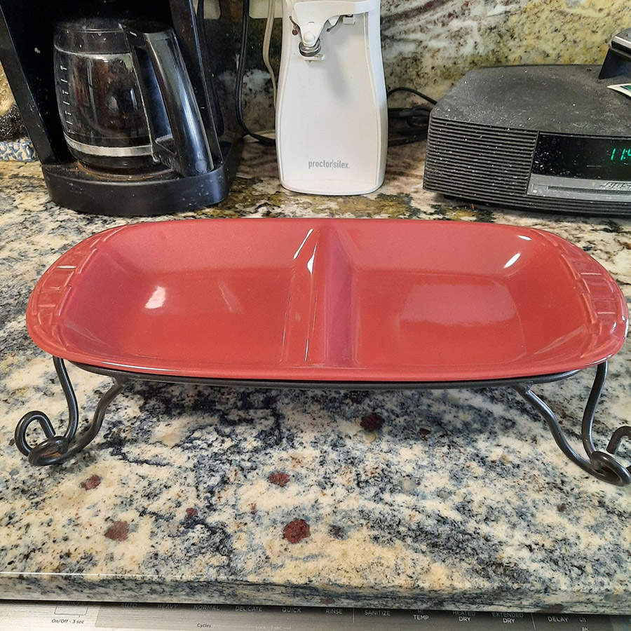 Woven Traditions Paprika 15" Oval Divided Vegetable Bowl & Metal Stand by Longaberger-1