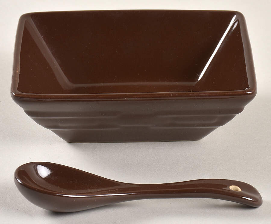 Woven Traditions Chocolate 5" Square Tasting Bowl & Ceramic Spoon by Longaberger-1
