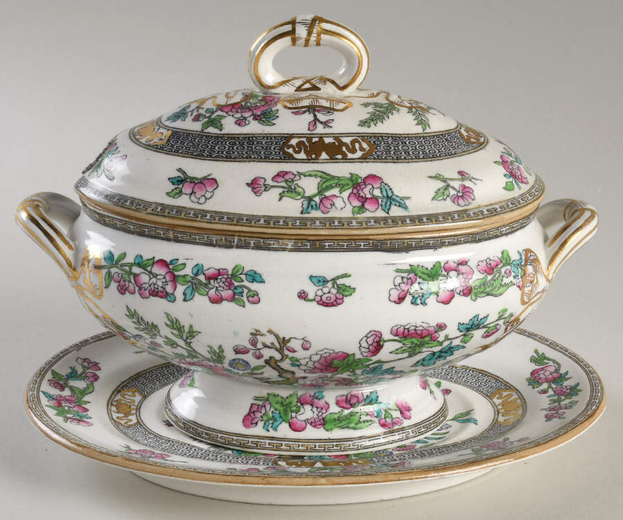 Indian Tree (Smooth) Sauce Boat & Lid with Underplate by Minton-1
