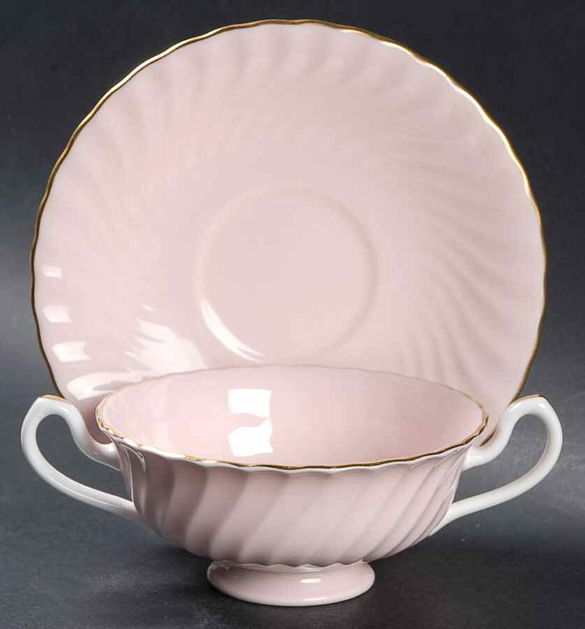 Shell Pink and Gold Footed Cream Soup Bowl & Saucer Set by Minton-1