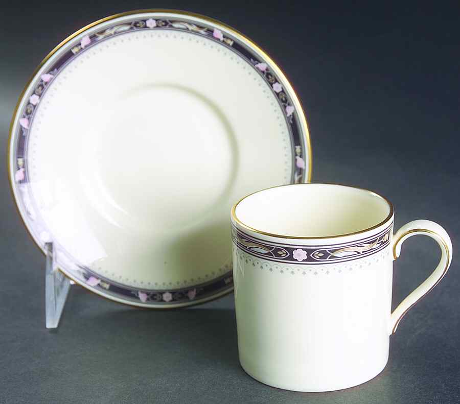 Warwick (Black Border, Pink Flowers) Flat Demitasse Cup & Saucer Set by Minton-1