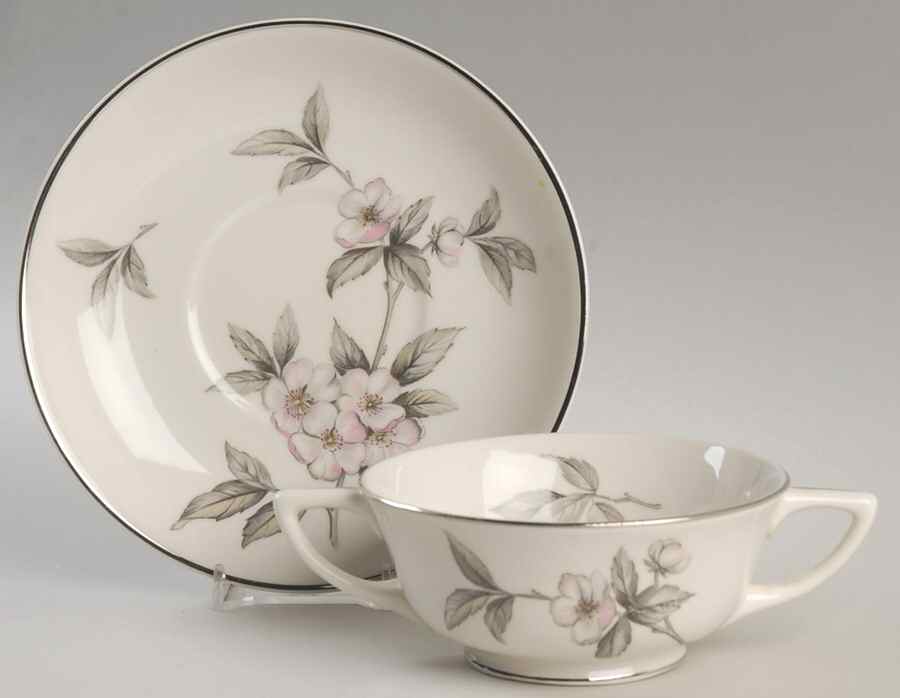 Spring Glory (Platinum) Footed Cream Soup Bowl & Saucer Set by Manor House (USA)-1