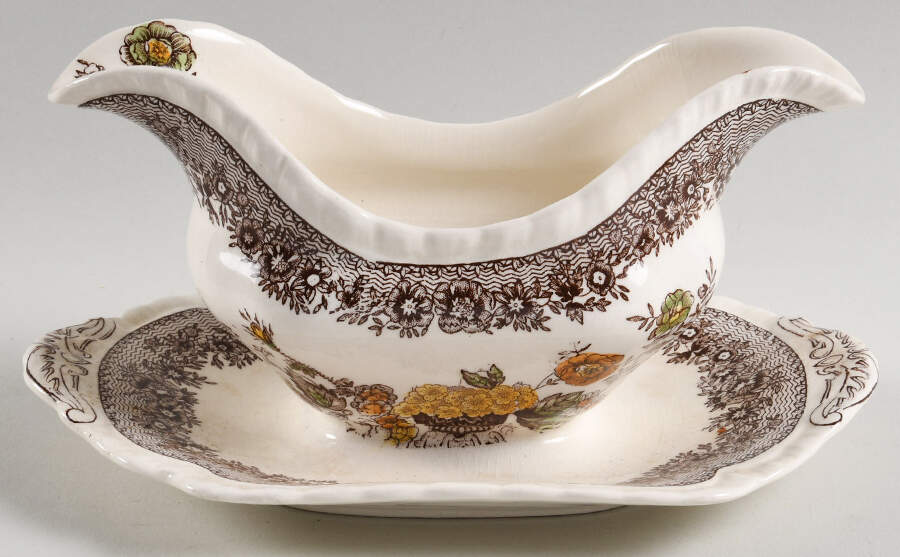 Ascot Brown Multicolor Gravy Boat with Attached Underplate by Mason's-1