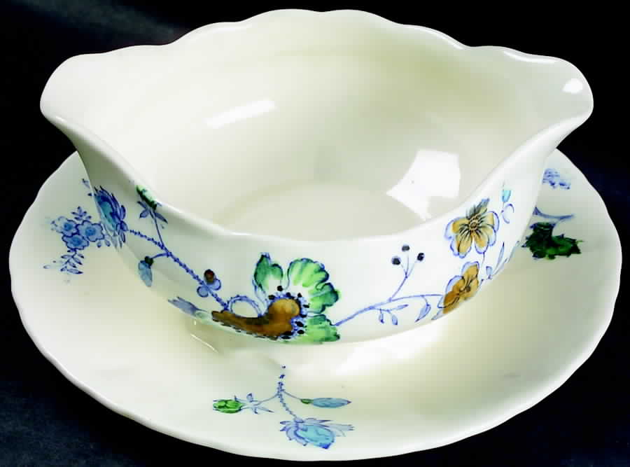 Belvedere Blue Multicolor Gravy Boat with Attached Underplate by Mason's-1