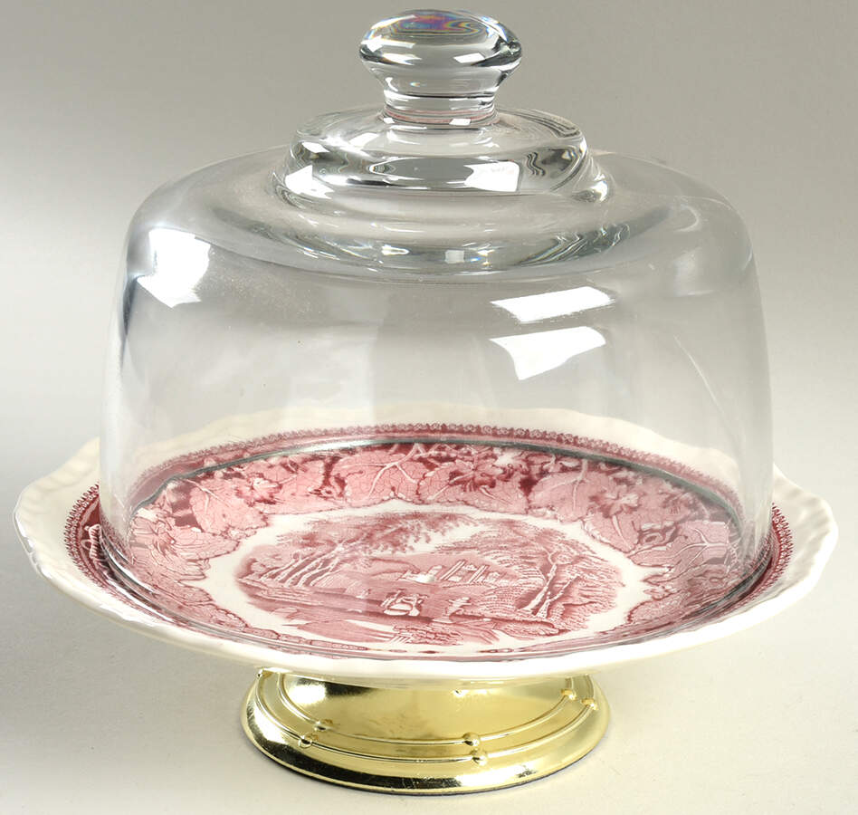 Vista Pink (No Trim) 6 1/2"-7 1/2" Footed Cheese Plate w/ Glass Dome HC by Mason's-1