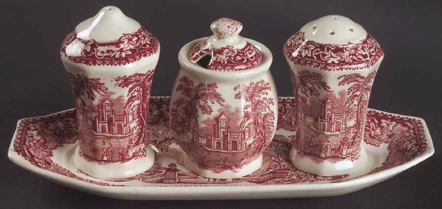 Vista Pink (No Trim) Salt & Pepper, Mustard with Lid & Ceramic Tray by Mason's-1